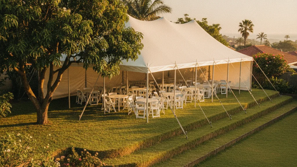 Peg-and-pole marquee with tables and chairs in a terraced Chatsworth backyard at golden hour