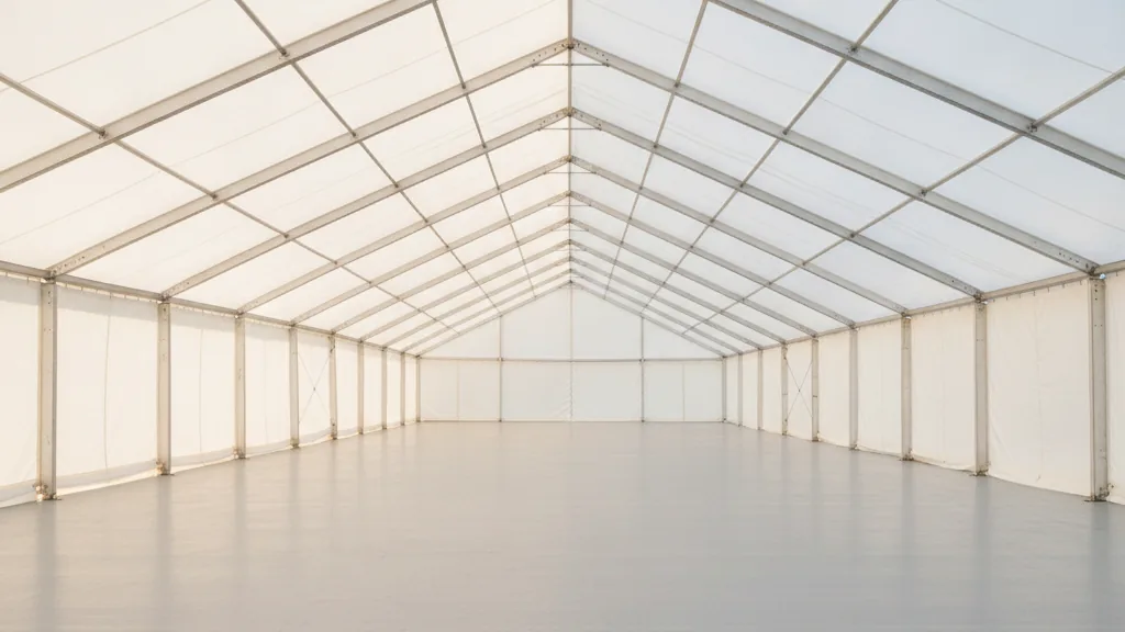 Interior of a white clear-span marquee showing an unobstructed roof with no centre poles