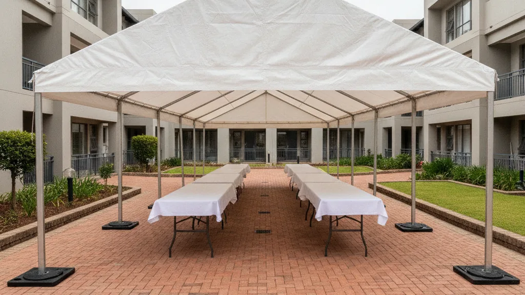 Aluminium frame tent standing on weight plates on brick paving in a Durban complex courtyard