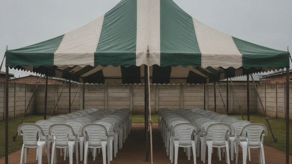 Green and white striped funeral tent with rows of white plastic chairs in a Durban yard