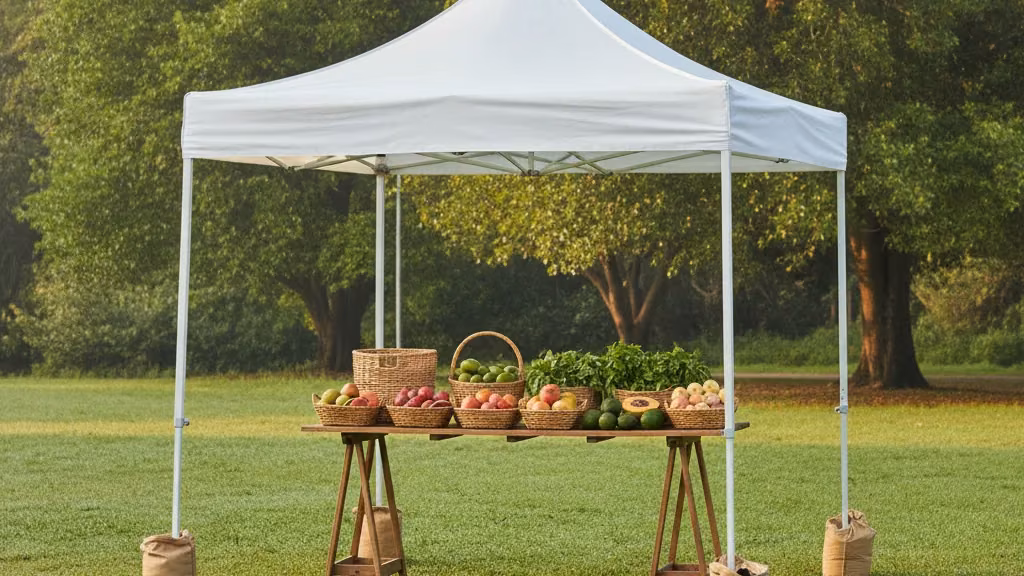 Plain white 3x3 metre pop-up gazebo with weighted legs at a Durban morning market