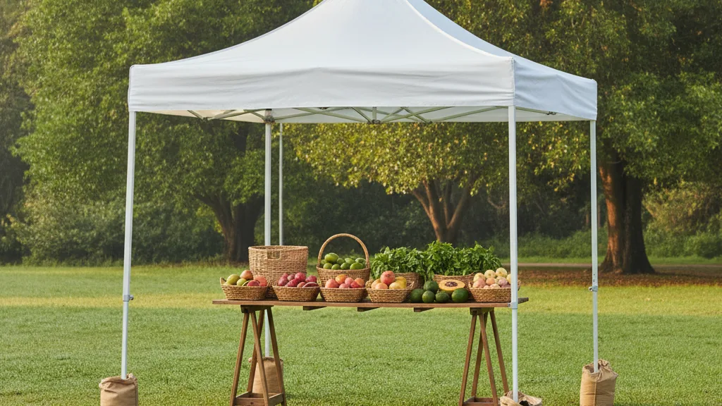 Plain white 3x3 metre pop-up gazebo with weighted legs at a Durban morning market