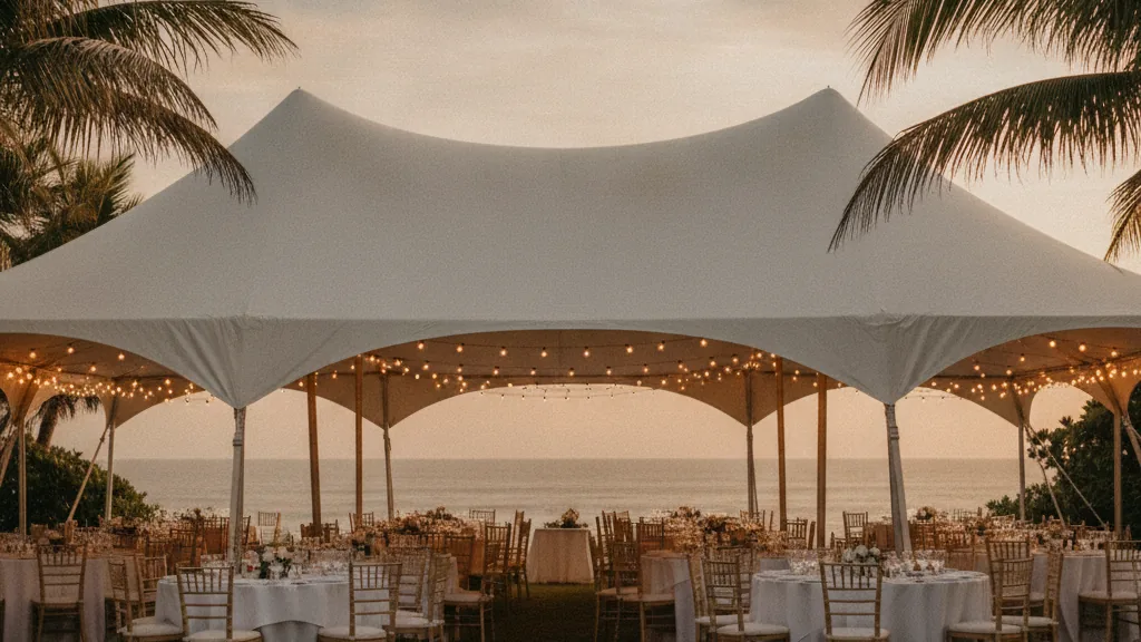 White function tent with festoon lights set for an evening event on a Durban coastal lawn