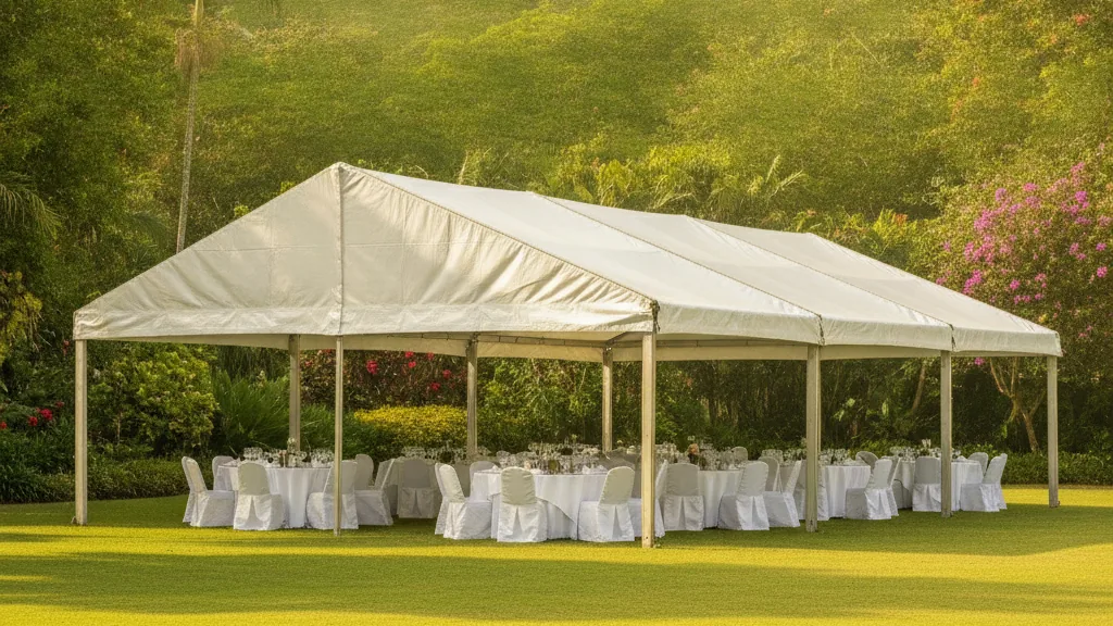 White clear-span frame marquee set with round tables on a KwaZulu-Natal garden lawn