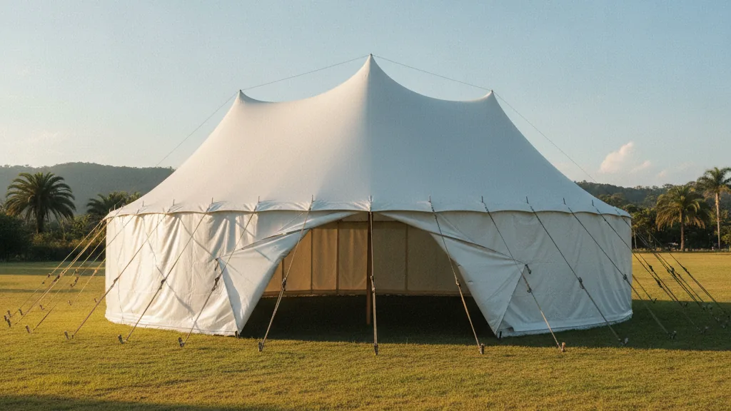 White canvas peg-and-pole marquee with high peaks and guy ropes pegged into a grass field