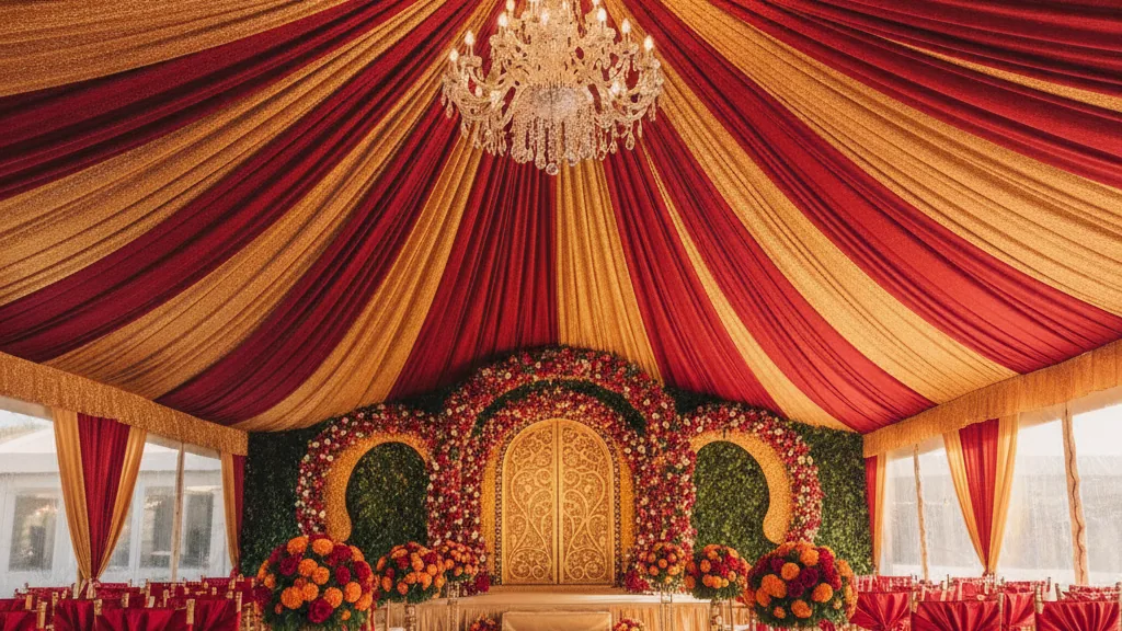 Red and gold draped wedding marquee interior with floral stage and Tiffany chairs for a Phoenix function