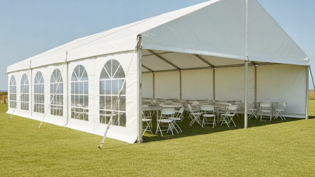 White frame marquee with round tables and chairs set up on a lawn in Durban