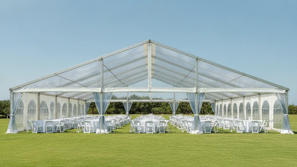 White frame marquee with round tables and white linen set up on a lawn in Durban