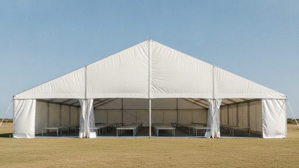 Large white marquee on a lawn with twenty round tables set for a two-hundred-guest function