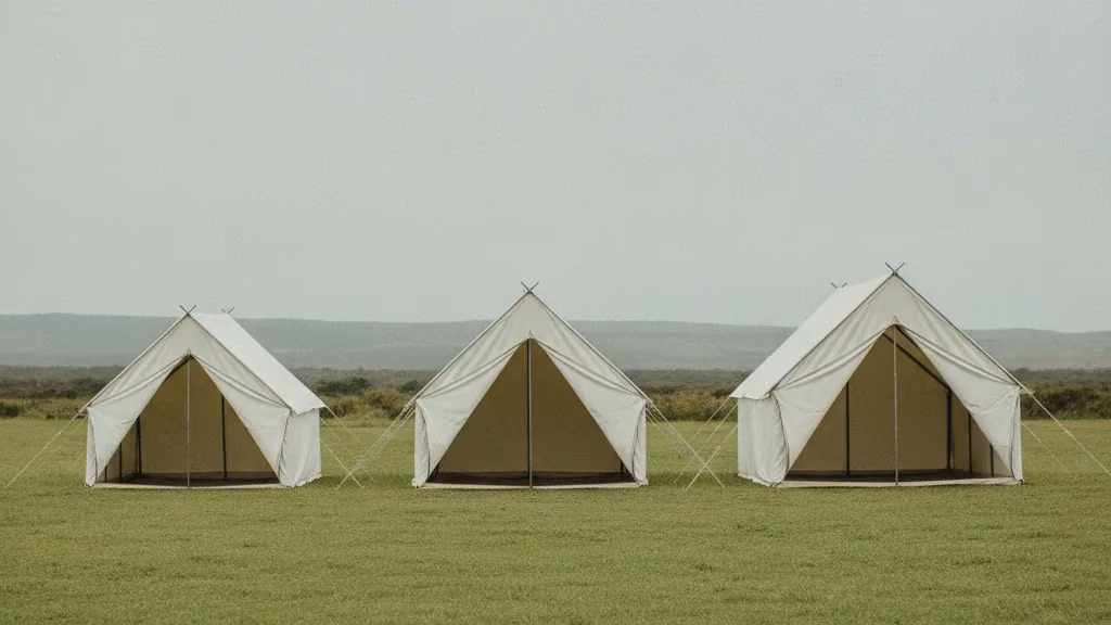Row of white frame tents of different sizes set up side by side on open ground