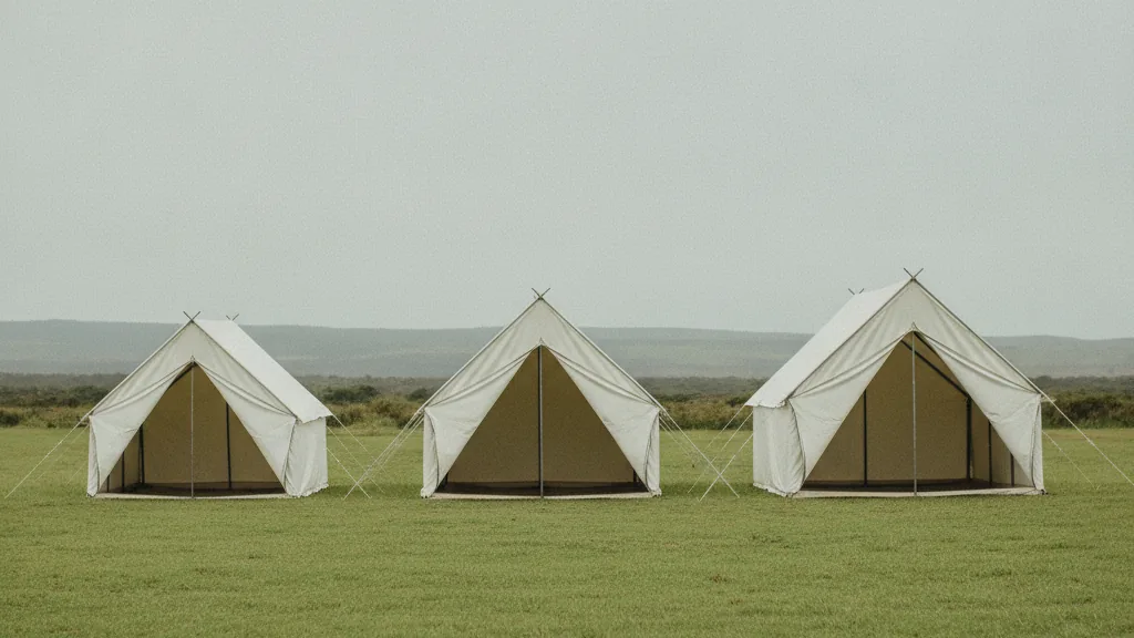 Row of white frame tents of different sizes set up side by side on open ground
