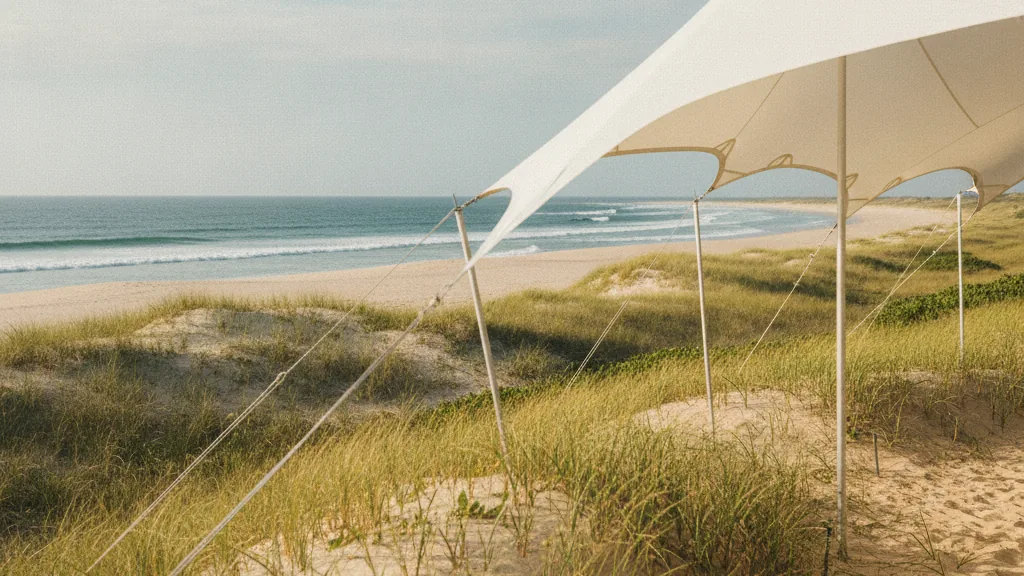 White stretch tent anchored on a beach dune beside the sea on the KZN south coast near Amanzimtoti