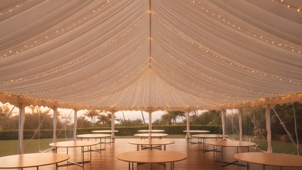 Dressed white wedding marquee interior with draped ceiling, fairy lights and round tables