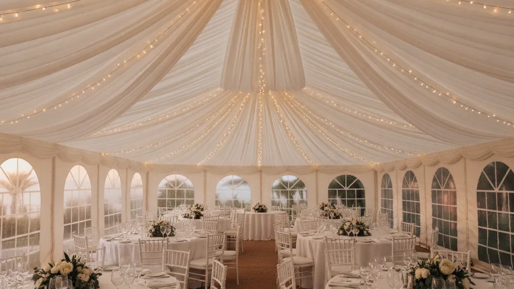 Dressed white wedding marquee interior with draped ceiling, fairy lights and linen-covered round tables