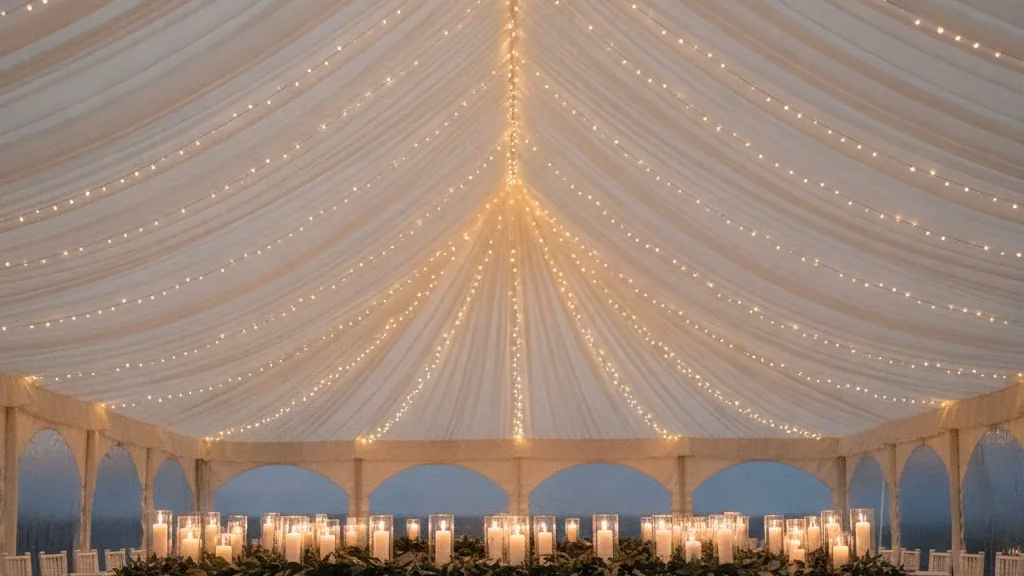 Fairy-lit white wedding marquee interior with candlelit feast tables at dusk