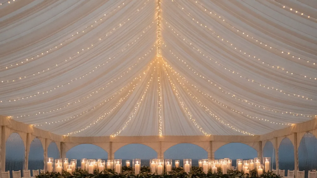 Fairy-lit white wedding marquee interior with candlelit feast tables at dusk